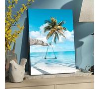 Póster de paisaje marino nórdico moderno con cielo azul, mar, playa, vista al océano, lienzo impreso para sala de estar, decoración de pared del hogar (50 x 70 cm/sin marco)
