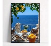 Póster de paisaje marino retro mediterráneo con diseño de limonero italiano, barco, lienzo, arte de pared, decoración del hogar (60 x 90 cm)