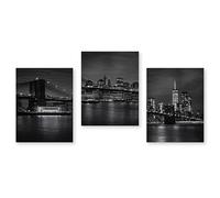 Póster de paisaje nocturno de ciudad en blanco y negro con puente, lámina decorativa para pared, decoración del hogar para dormitorio y sala de estar (70x100cm/28x39in) x3 Sin marco