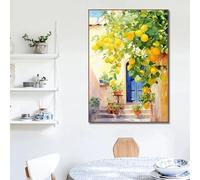 Póster de paisaje retro mediterráneo griego con olivo y limón italiano, lienzo, arte de pared, decoración del hogar (30 x 45 cm/sin marco)