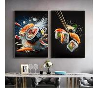 Póster de pared colorido con impresiones artísticas de comida, salmón, sushi, cocina, decoración, lindo gato, lienzo, pintura para cocina, comedor, 30 x 45 cm x 2, sin marco