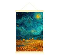 Póster de pared con diseño de estrellas, impresionismo, paisaje, luna, heno, balas, otoño, azul, con marco, dormitorio, oficina, aula, decoración de 20 x 28 pulgadas