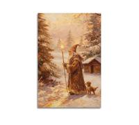 Póster de pared vintage de Navidad, impresión artística acogedora de granja, diseño de Papá Noel, bosque de invierno, pino, decoración navideña, 20 x 30 cm