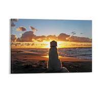 Póster de perro en la playa al atardecer, arte vintage, lienzo de pared, decoración estética, sala de estar, habitación de los niños, cafetería, baño, adecuado para dormitorio, gimnasio, clásico, 30 x