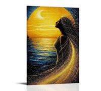 Póster de pintura al óleo de chica junto al mar de atardecer, arte vintage, lienzo de pared, decoración estética, sala de estar, habitación de niños, cafetería, baño, adecuado para dormitorio