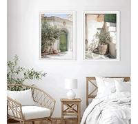 Póster de pintura en lienzo de un pueblo de Puglia con arquitectura española, impresiones de plantas verdes de interior, decoración del hogar (40 x 50 cm, 2 piezas sin marco)