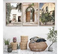 Póster de pintura en lienzo de un pueblo de Puglia con arquitectura española, impresiones de plantas verdes de interior, decoración del hogar (30 x 45 cm, 3 piezas sin marco)