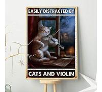Póster de postercat de violín fácilmente distraído por gatos y violín, póster de música, regalo divertido, letreros de metal de 8 x 12 pulgadas