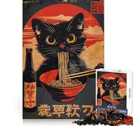 Póster de Ramen de Gato Negro, Rompecabezas de 1000 Piezas para Adolescentes, Recuerdo, Poder, Acogedor, Tiempo Libre, Firme, Entrelazado, Regalo Encantador (50x75cm)