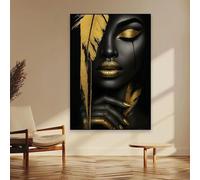 Póster de retrato femenino dorado de lujo, moderno retrato de mujer africana en oro negro, impresiones en lienzo, pintura de lujo para decoración de dormitorio, 60 x 80 cm, sin marco