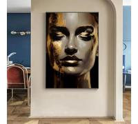 Póster de rostro de mujer con retrato dorado, pinturas en lienzo, arte de pared abstracto moderno, imágenes para sala de estar, decoración del hogar, 80 x 140 cm (31 x 55 pulgadas) con marco