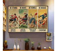 Póster de rugby Be Strong, Brave, Humble, Badass horizontal de pared vintage con cartel de metal para decoración de pared de 8 x 12 pulgadas
