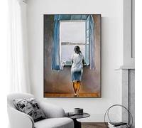Póster de Salvador Dalí con impresión en lienzo de "Chica en la ventana", arte de pared, imagen de mujer azul marino para decoración del hogar y la sala de estar (70x93cm(28x37 pulgadas)/sin marco)
