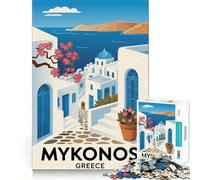 Póster de Viaje de Mykonos, Grecia Rompecabezas para Adolescentes de 1000 Piezas Juguete para ejercitar la Mente y aliviar el estrés Corte Premium Regalo increíble (50x75cm)