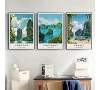 Póster de viaje de Tailandia, Phuket, Chiang Mai, Koh Phangan, Bangkok, paisaje urbano, impresiones en lienzo de paisajes asiáticos, decoración del hogar, 50 x 70 cm, 3 piezas sin marco