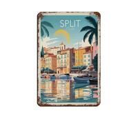 Póster de viaje retro de Split, Croacia. Cartel de chapa metálica. Arte elegante. Pintura de hierro retro. Bar. Gente. Cueva. Café. Familia. Garaje. Póster. Decoración de pared. 20 x 30 cm.