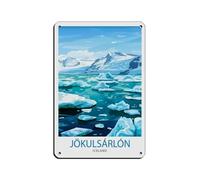 Póster de viaje retro vintage de Jökulsárlón, Islandia. Cartel de chapa metálica. Arte elegante. Pintura de hierro. Bar. Gente. Cueva. Cafetería. Familia. Garaje. Póster decorativo de pared. 20 x 3