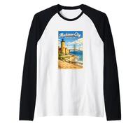 Póster de Viaje Vintage de Michigan Mackinaw City Up North MI Camiseta Manga Raglan