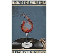 Póster de vinilo con texto en inglés "Wine Vinyl Music is the Wine That Fills The Cup of Silence Wine Music Lover", 30,5 x 20,3 cm, estilo vintage, divertido, decoración de pared, arte de regalo,