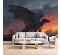 Póster decorativo 3D Fantasy Oscuro - Papel pintado panorámico | Papel pintado no tejido dragón volcán 350x256 cm para sala de estar, dormitorio, dormitorio infantil, decoración de pared