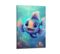 Póster decorativo colorido del mundo submarino con ojos grandes y peces felices para decoración de habitación de los niños, póster decorativo de lienzo para pared e impresión artística moderna para