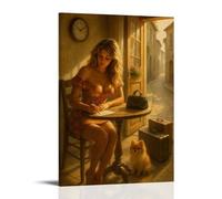 Póster decorativo con texto en inglés "A Blonde Girl Is Writing A Farewell Letter And Getting Ready to Set Out on A Journey with Her Pet", pintura decorativa, lienzo, póster de pared e imagen