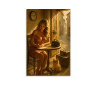 Póster decorativo con texto en inglés "A Blonde Girl Is Writing A Farewell Letter And Getting Ready to Set Out on A Journey with Her Pet", pintura decorativa, lienzo, póster de pared e imagen