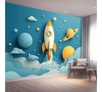 Poster Decorativo da Parete Vistoso Quadro su Tela 400 x 280 cm Stampa Moderna per Soggiorno Camera Ufficio Motivo Dibujos animados Cohete Espacio Planeta Wall Art Non Adesivo