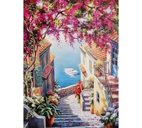 Póster decorativo de pared Serie Ciudad y Paisajes Carretera Alta Callejón con Casas Vista Mar Verano Impresión Artística sobre Papel Patinado 40x30 cm Sin Marco