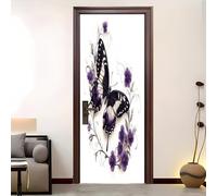 Póster Decorativo Pegatinas De Puerta 77x200 cm Encantadoras Flores de Mariposa Extraíble Vinilo 3D Impermeable Pegatinas Decorativas PúRpura Autoadhesivo Papel Pintado Puerta Mural
