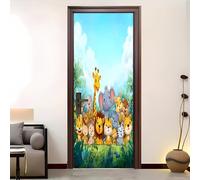 Póster Decorativo Pegatinas De Puerta 77x200cm Mundo de Animales de Dibujos Animados Autoadhesivo Papel Pintado Puerta Mural LeóN, Tigre, Elefante Extraíble Vinilo 3D Impermeable Pegatinas Decorativas