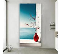 Póster e impresiones de pared blanca junto al mar con jarrón rojo, paisaje, pintura en lienzo moderna, arte de pared para sala de estar, decoración del hogar (55 x 110 cm)