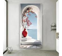 Póster e impresiones de pared blanca junto al mar con jarrón rojo, paisaje, pintura en lienzo moderna, arte de pared para sala de estar, decoración del hogar (40 x 80 cm)