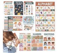 Póster educativo colorido - Tablas multitemáticas para niños | 18 pegatinas de pared con ilustraciones en inglés educativo, aula, dormitorio, decoración, lecturas gráficas visuales, escuela infantil