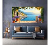 Póster en lienzo con vista a la costa mediterránea, balcón, paisaje con naranjos, macetas de lavanda, océano, bahía y villa (30x60cm/sin marco)
