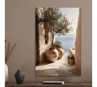 Póster en lienzo, cuadro en lienzo con escena costera mediterránea y olivo de cerámica, láminas de arte mural modernas con ramas de olivo (30x50cm/marco interno)