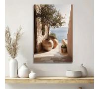 Póster en lienzo, cuadro en lienzo con escena costera mediterránea y olivo de cerámica, láminas de arte mural modernas con ramas de olivo (50x70cm/marco interno)
