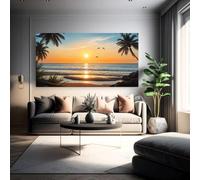 Póster en lienzo sin marco con diseño de puesta de sol tropical en la playa, palmeras, vista al océano, delfines y cielo. Impresión artística para sala de estar (30x60cm/Sin marco).
