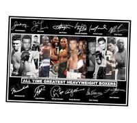 Póster enmarcado tamaño A4 con texto en inglés "All Time Greatest Heavyweight Boxers" firmado/autografiado. Boxeo Muhammad Ali, Mike Tyson, etc. (A4 enmarcado 32 cm x 23 cm)
