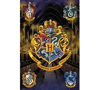 Póster Harry Potter "Escudo de las Casas de Hoghwarts" (61cm x 91,5cm) + 2 marcos negros para póster con suspención