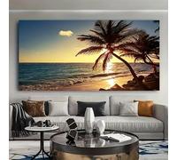 Póster impreso en lienzo, arte moderno, playa, puesta de sol, decoración de pared, cuadro grande de pared, olas del mar, palmeras, paisaje marino (70x120cm/sin marco)
