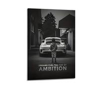 Póster impreso en lienzo - Sueños arden con ambición, pintura motivacional de pared que representa a niño joven y coche deportivo, póster de pared en lienzo para sala de estar, dormitorio, sala de
