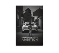 Póster impreso en lienzo - Sueños arden con ambición, pintura motivacional de pared que representa a niño joven y coche deportivo, póster de pared en lienzo para sala de estar, dormitorio, sala de