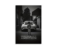 Póster impreso en lienzo - Sueños arden con ambición, pintura motivacional de pared que representa a niño joven y coche deportivo, póster de pared en lienzo para sala de estar, dormitorio, sala de
