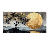 Póster inspirado en la naturaleza, luna dorada mística y árbol, bosque, lago, paisaje, lienzo, arte de pared, imágenes para decoración del hogar, 70 x 140 cm (28 x 56 pulgadas) con marco