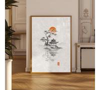 Póster japonés de árbol de tinta Wabi Sabi Bonsai, lámina de arte mural con sol rojo, decoración zen minimalista para oficina, arte neutro para el hogar (70x100cm)