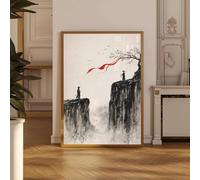 Póster japonés de árbol de tinta Wabi Sabi Bonsai, lámina de arte mural con sol rojo, decoración zen minimalista para oficina, arte neutro para el hogar (30x50CM/sin marco)