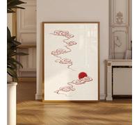 Póster japonés de árbol de tinta Wabi Sabi Bonsai, lámina decorativa de pared con sol rojo, decoración zen minimalista para oficina y hogar de tonos neutros (70x100cm)