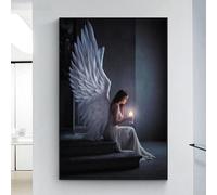 Póster moderno de alas de ángel blanco y negro con imágenes de mujer rezando, arte de pared azul oscuro, pintura abstracta de ángel, alas, lienzo, arte de pared, póster estético de mujer, 16 x 24