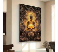 Póster moderno de Buda dorado sobre lienzo, figura serena meditando con flor de loto, para decoración del hogar y dormitorio (50x75cm/sin marco).